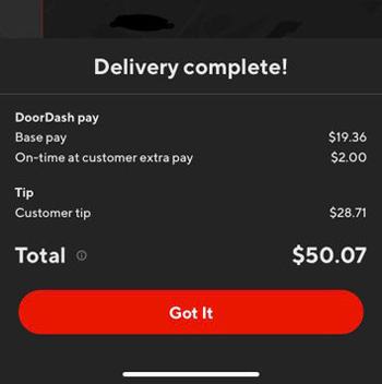 A doordash order with a $28 tip and $50 payout