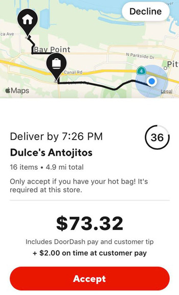 a doordash order for $73