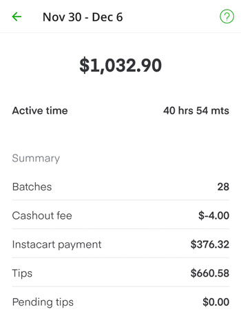 Instacart weekly payment of $1032