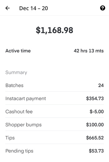 an instacart weekly payment for $1100