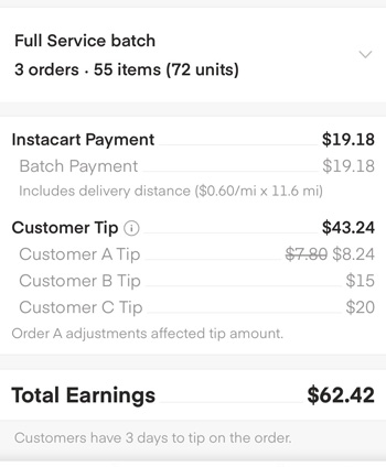 instacart triple batch with $62 payment