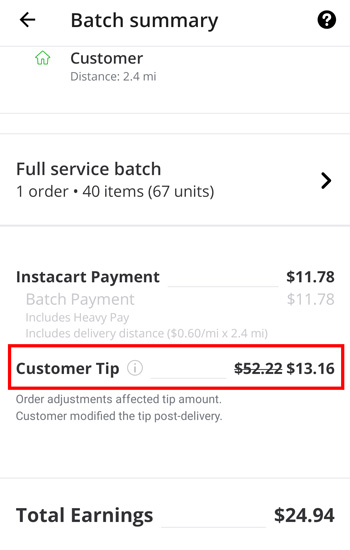 Instacart payment where the tip was lowered from $52 to $13