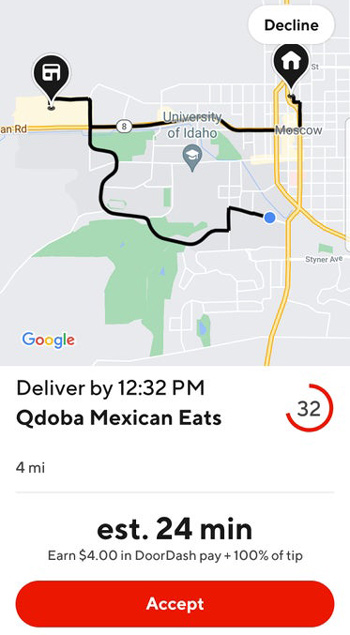 doordash order request showing estimated time and pay from DoorDash