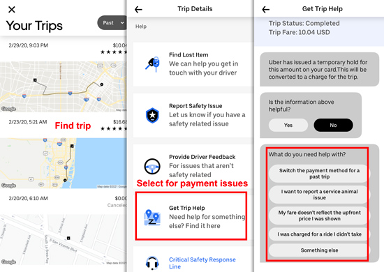 step by step instructions in the uber app to report surprise charges