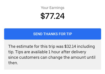 uber eats order with a tip increased from $32 to $77
