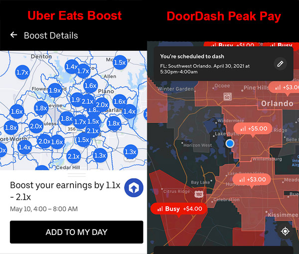 side by side comparing uber eats quest bonus and doordash peak pay bonus