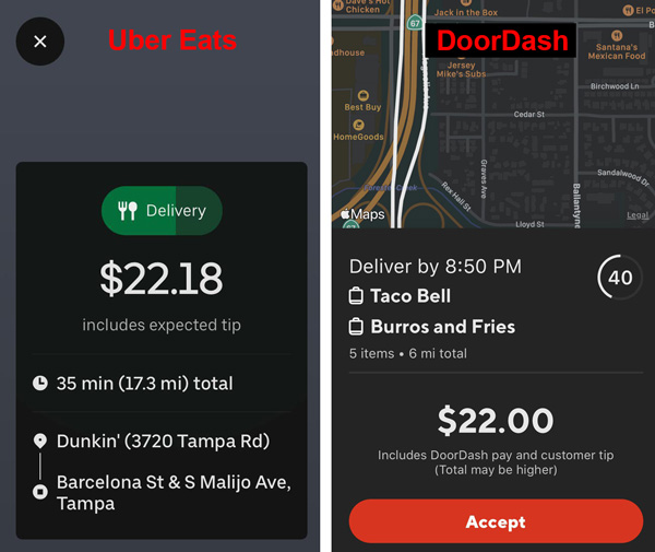 side by side comparison of an uber eats and doordash order offer. showing pay and delivery location