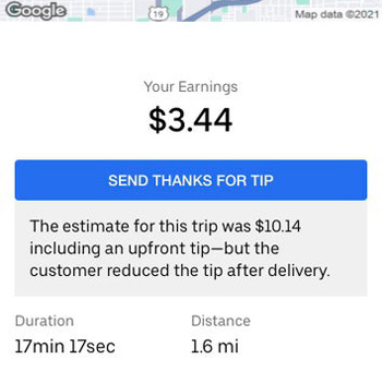 an uber eats payout showing a $10 estimate lowering to $3