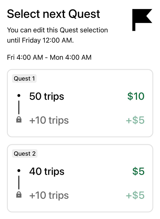 An uber quest offering $10 for 50 trips