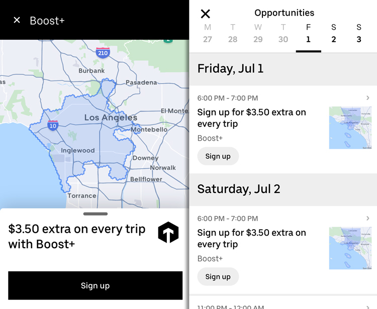 A Boost+ offer on the uber driver app and a list of Boost+ offers