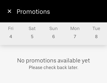 Uber app Promotions area showing no available promotions