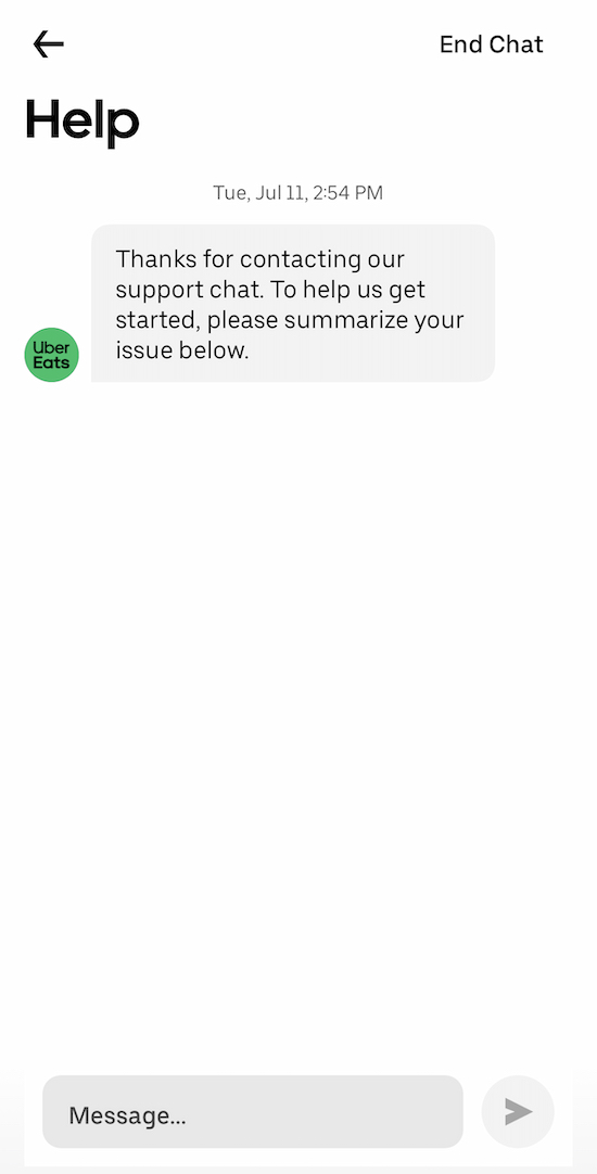 a chat screen with uber eats customer service