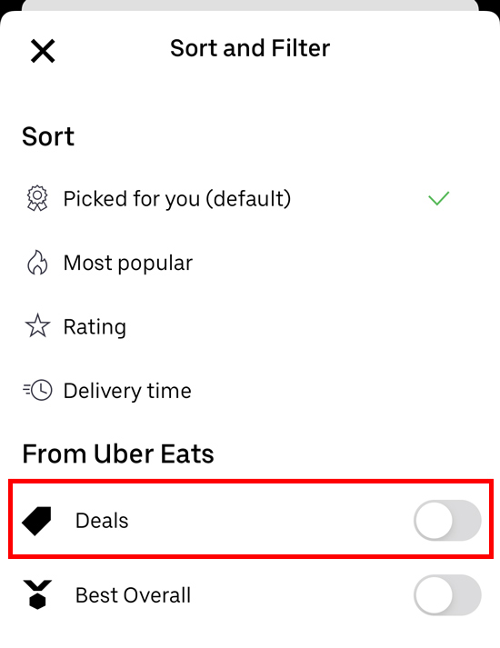 Uber eats filter options: most popular, rating, deals, and more