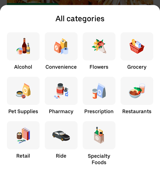 List of uber eats categories including restaurant, grocery, pharmacy, and more