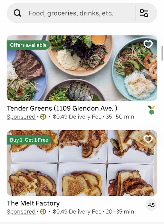 a restaurant listing in the uber eats app with a green label that says 'buy one get one free'