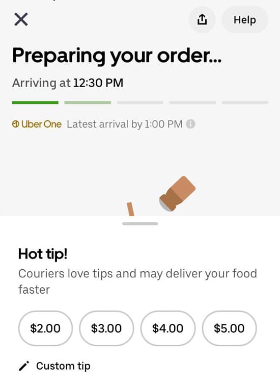 A tipping suggestion on an uber eats order that is in progress