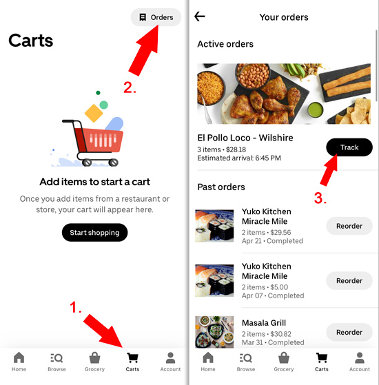 steps to track and uber eats order: tap cart, orders, then track