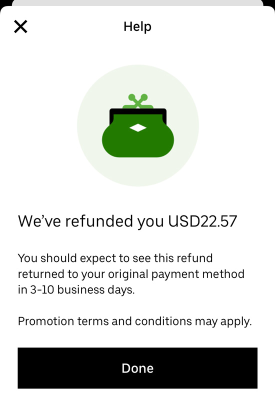 A full refund from Uber for $22