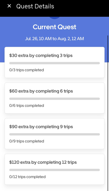 A list of Uber Quests offering $10 per ride