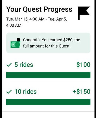 Uber quest screen with 15 rides for a $250 bonus