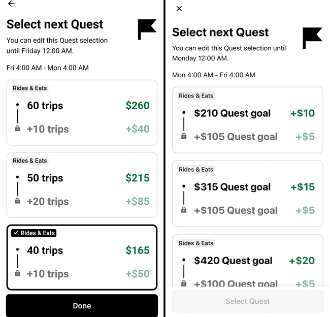 Side by side image of Quests in the Uber app. The left image is a bonus for a trips goal, the right image is a bonus for an earnings goal