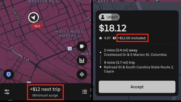 side by side image showing a surge map with a $12 bonus, then a ride with the $12 bonus applied