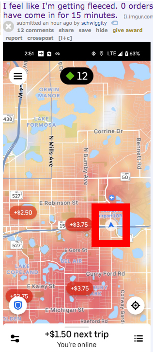 An Uber map showing a driver sitting in the middle of a surge zone with $3.75 bonuses