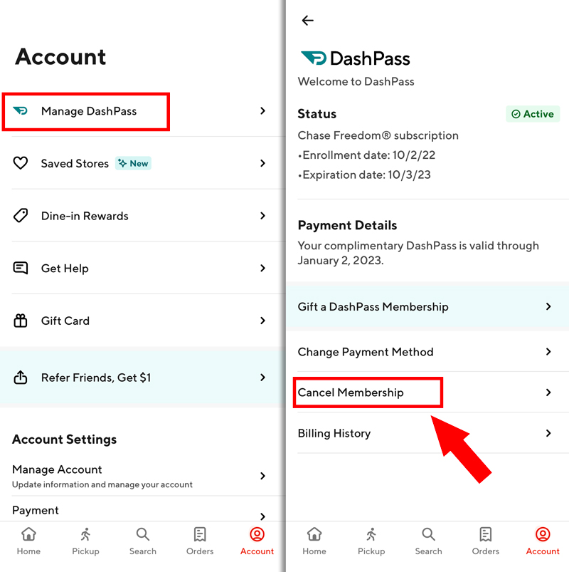 Steps to cancel dash pass: Account, then Manage DashPass, then cancel membership