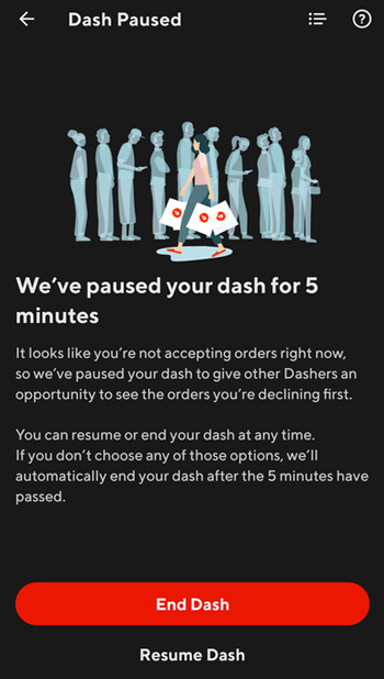 A screen in the DoorDash app saying that a Dash is paused due to low acceptance rate