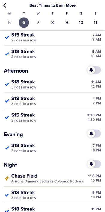 A lyft schedule showing many different $18 streak offers