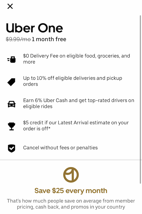 list of features for Uber One, including $0 delivery fees