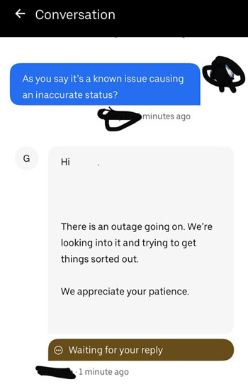 conversation with uber support confirming an uber eats outage