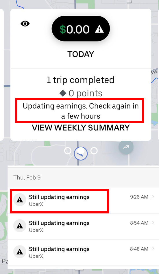 Two error messages from Uber. One says "Updating earnings. check again in a few hours." The other says "still updating earnings"