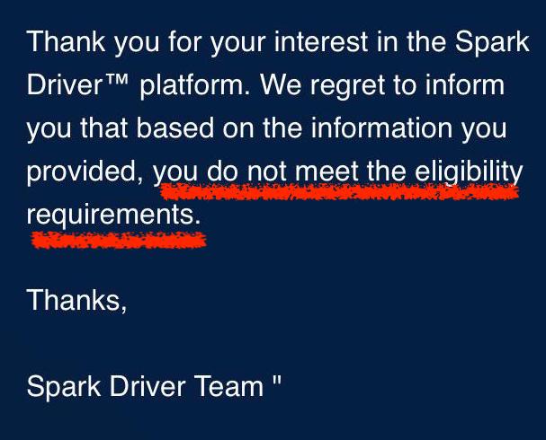an email from spark that says 'you do not meet the eligibility requirements'