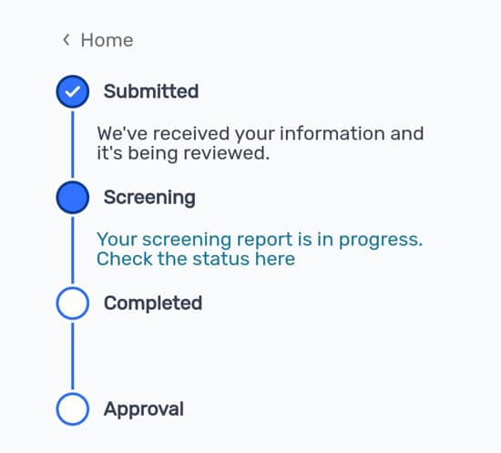 Spark application steps, with the applicant on the 'screening' step