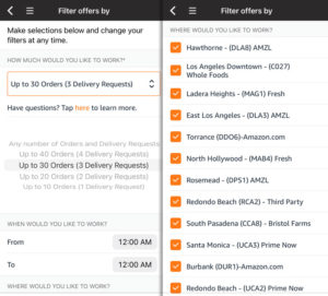 filtering options in the amazon flex app