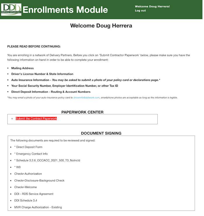 Screenshot of the DDI application, showing document requirements