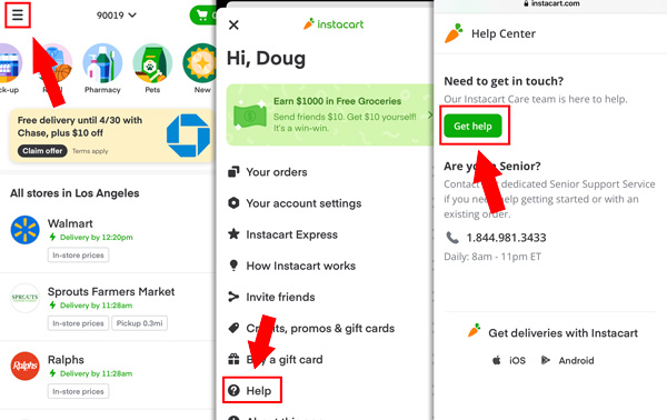 Steps in the instacart app to contact chat support