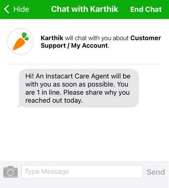 A chat window with instacart care support