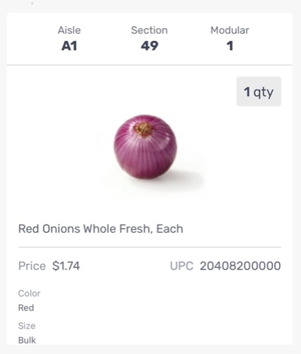 a listing for an onion in the spark app that shows aisle, section, and modular number