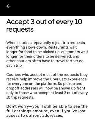 Message from Uber eats saying drivers must accept 3/10 orders for upfront info