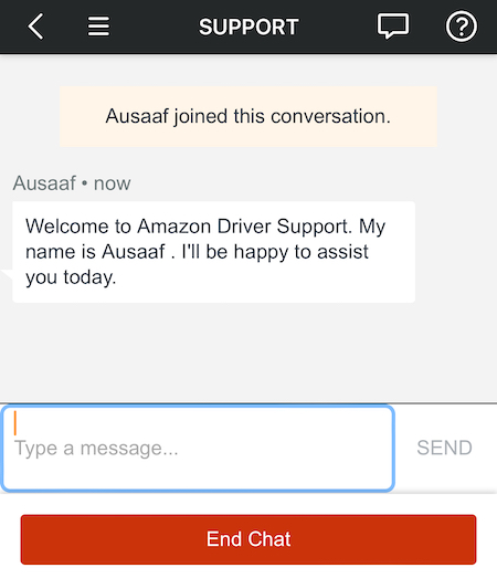 a chatbox in the amazon flex app