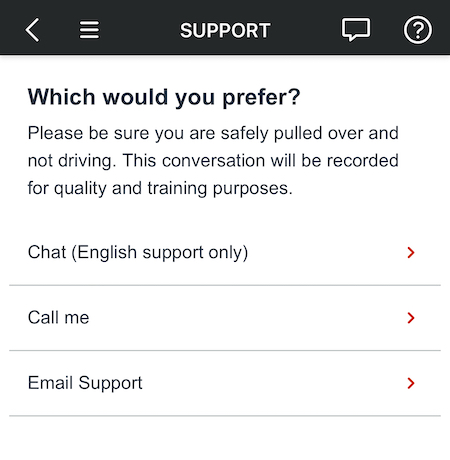 a support page in the Flex app with options to chat, call, or email
