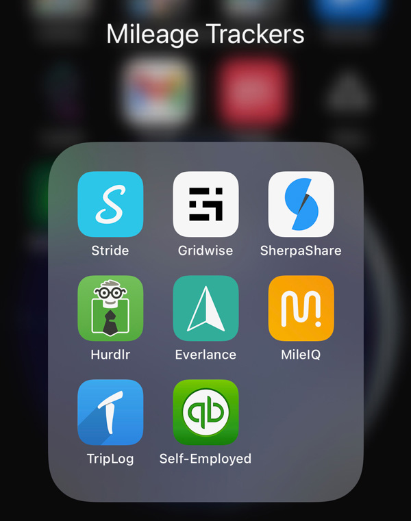 screenshot of an iPhone app folder with 8 mileage tracking apps