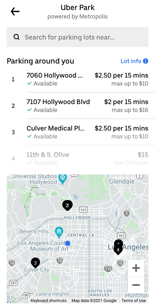 Uber Park screen showing a search bar and a map