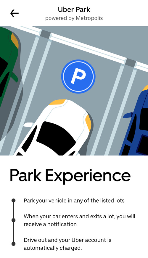 Features of Uber Park: Park in listed lots and pay automatically