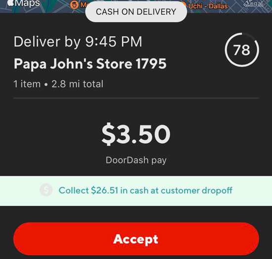 Doordash cod order request screen