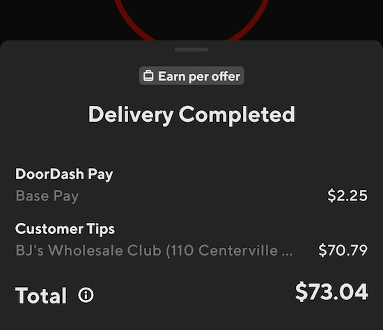 a doordash order that paid $73