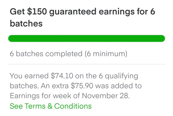 An instacart guaranteed earnings promotion offering at least $150 for 6 batches