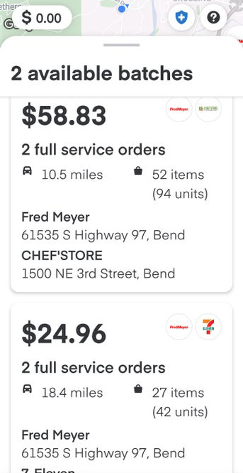 two batches in the instacart app with multiple store orders